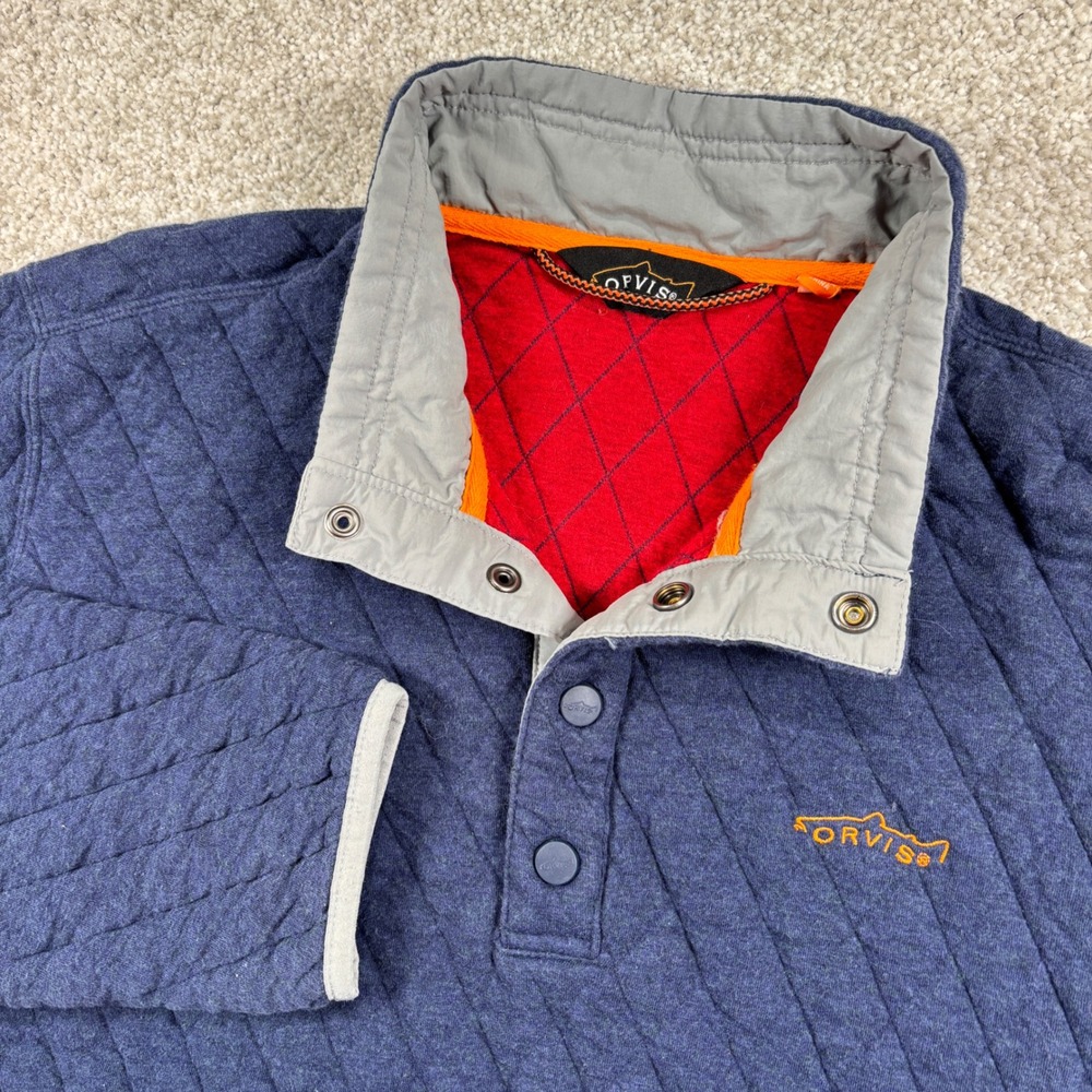 Orvis Trout bum Quilted Pullover Mens Large Blue Snap Neck Diamond